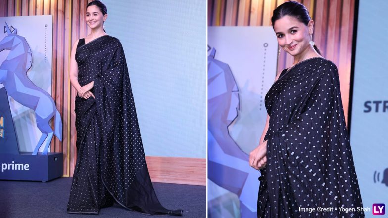 Alia Bhatt Looks Pretty in Black Polka Dot Saree and Sleeveless Blouse! (Watch Video)