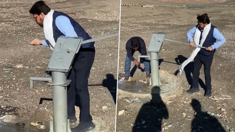 Anurag Thakur Drinks 'Sweet' Water in Ladakh Video: Union Minister Draws Groundwater Using Hand Pump at Manali-Leh Highway in Debring Village, Says 'Gave a Different Feeling'