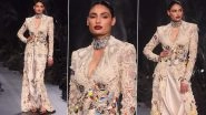 India Couture Week 2023: Athiya Shetty Stuns in Beige Floor-Length Embroidered Ensemble As She Walks the Ramp for Anamika Khanna at ICW (View Pics)