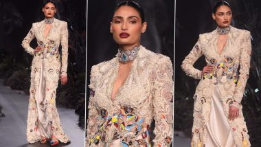 India Couture Week 2023: Athiya Shetty Stuns in Beige Floor-Length Embroidered Ensemble As She Walks the Ramp for Anamika Khanna at ICW (View Pics)