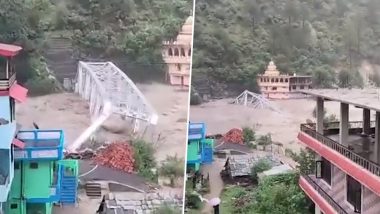 Himachal Pradesh Rains Video: Bridge Connecting Aut and Banjar in Mandi District Gets Washed Away by Swelling Beas River As Heavy Rainfall Lashes State