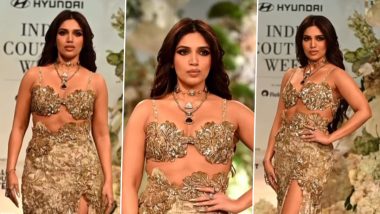 Bhumi Pednekar at ICW 2023! Actress Radiates Glam in Golden Bralette and Skirt As She Turns Showstopper for Varun Bahl (Watch Video)