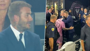 David Beckham Left Close to Tears After Watching Lionel Messi’s Free-Kick Goal on Inter Miami Debut, Hugs Him After Match (Watch Viral Videos)