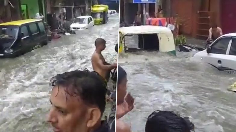 Delhi Rains Video: Vehicles Wash Away As Swollen Nullah in Srinivaspuri Private Colony Overflows After Incessant Rainfall Hits National Capital, Viral Clip Surfaces