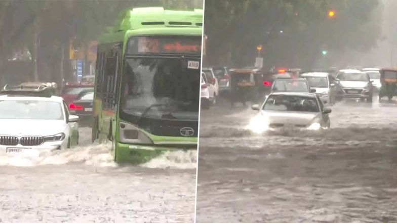 Delhi Rains Videos: Heavy Rainfall Leads to Waterlogging and Traffic Jams in Several Areas of National Capital, Clips of Waterlogged Streets Go Viral