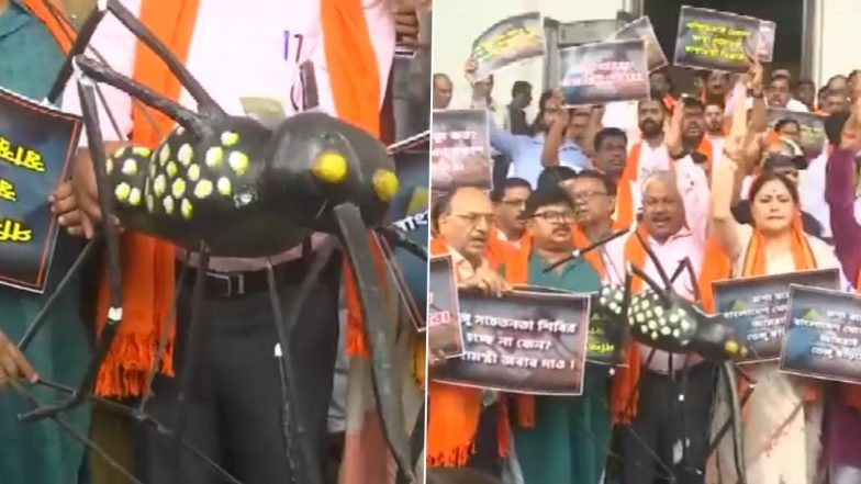 BJP Leaders Protest With Giant Mosquito Replica in Hand Against West Bengal Govt Over Rising Dengue Cases in State (Watch Video)