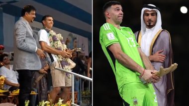 Emiliano Martinez Recreates Viral Golden Glove Celebration From FIFA World Cup 2022 After Being Felicitated During His Visit to Kolkata (Watch Video)