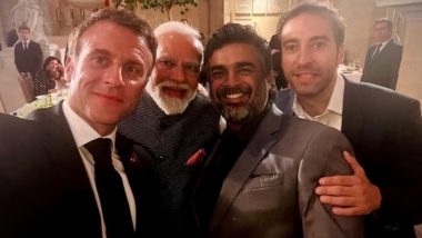 French President Emmanuel Macron Takes Selfie With PM Modi and R Madhavan at Banquet Dinner in Paris (View Pics)