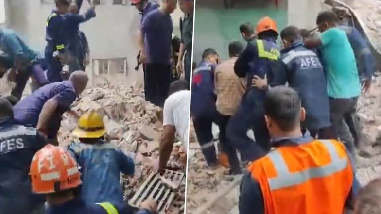 Gujarat House Collapse Video: Three Houses Collapse in Mithakhali Area of Ahmedabad, Four People Rescued From Under Debris