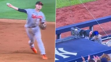 Oops! Wild Throw From Orioles Shortstop Gunnar Henderson Leaves Cameraman at Yankee Stadium Injured (Watch Video)