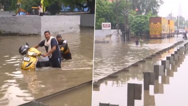 Gurugram Rains Videos: Heavy Rainfall Causes Severe Waterlogging in Sohna, Narsinghpur Chowk and Other Areas, Locals Seen Dragging Scooty in Knee-Deep Water