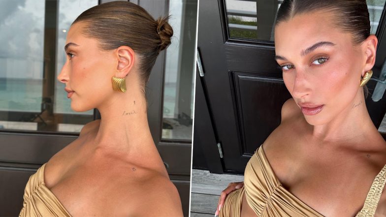 Hailey Bieber Looks Ravishing in Sleeveless Rib-Cut Beige Dress! (View Pics)