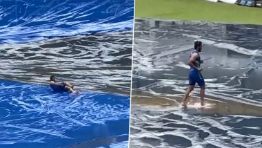 Hassan Ali Has Fun on Wet Covers As Rain Halts Proceedings on Day 2 of PAK vs SL 2nd Test 2023 in Colombo, Videos Go Viral!