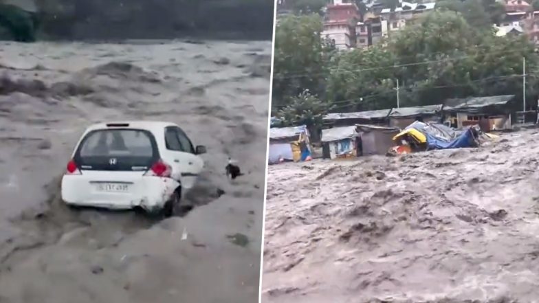 Himachal Pradesh Rains Videos: Car Washed Away by Overflowing River in Kullu, Pandoh Bazar Submerged in Mandi As Heavy Rainfall Causes Flood-Like Situation in Several Parts