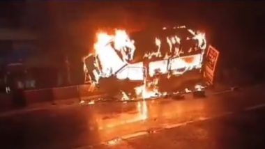 Hyderabad Ambulance Fire Video: Ambulance Engulfed in Flames After Accident, Driver Charred to Death