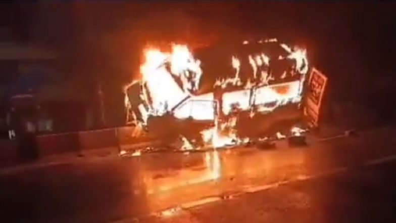 Hyderabad Ambulance Fire Video: Ambulance Engulfed in Flames After Accident, Driver Charred to Death