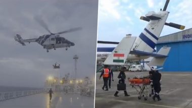 Indian Coast Guard Daring Operation Video: ICG ALH Dhruv Chopper Evacuates Critically Ill Indian National From MT Celestial Copenhagen Near Porbandar Amid Extreme Weather Conditions