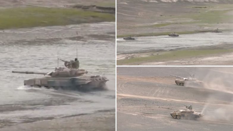 Indian Army's Tanks, Combat Vehicles Carry Out Drills in Eastern Ladakh To Cross Indus River and Attack Enemy Positions (Watch Video)