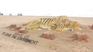 International Tiger Day 2023 Sand Art: Sudarsan Pattnaik Makes 15-Foot Tall Sand Art of Tiger To Create Awareness Regarding Protection of Tigers (Watch Video)