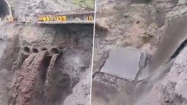 Jammu and Kashmir Rains Videos: Traffic Movement Temporarily Suspended After Road Washes Away Due to Heavy Rainfall on Jammu-Srinagar Highway, Viral Clips Surface