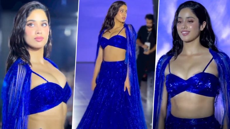India Couture Week 2023: Janhvi Kapoor Turns Showstopper for Gaurav Gupta! Bawaal Actress Stuns in Electric Blue Lehenga With Sultry Bralette and Cape at the Show (Watch Video)