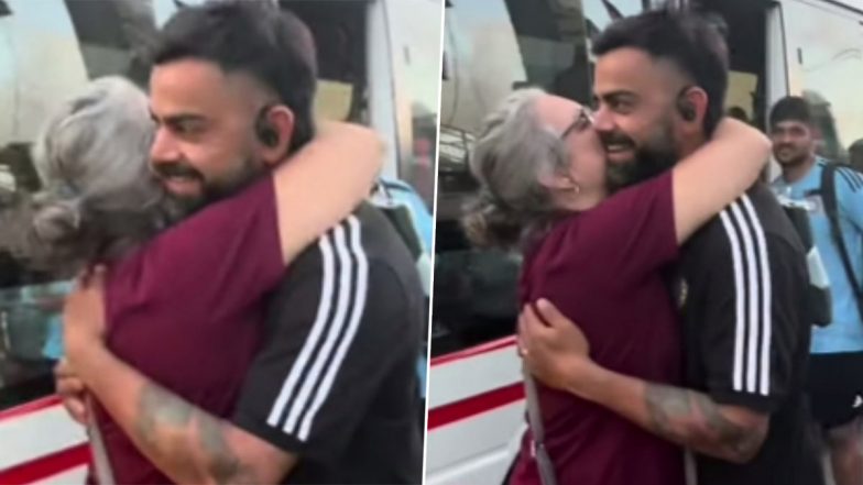 West Indies Wicketkeeper Joshua Da Silva’s Mother Hugs and Kisses Virat Kohli, Gets Emotional After Meeting Him on Sidelines of IND vs WI 2nd Test 2023 (Watch Video)