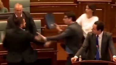 Brawl in Kosovo Parliament Video: Ugly Fight Breaks Out Between Members of Parliament After Opposition MP Throws Water at PM Albin Kurti, Viral Clip Surfaces