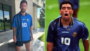 Lionel Messi Pays Tribute to Diego Maradona by Wearing Argentina Legend’s Iconic Jersey From 1994 FIFA World Cup (Watch Video)