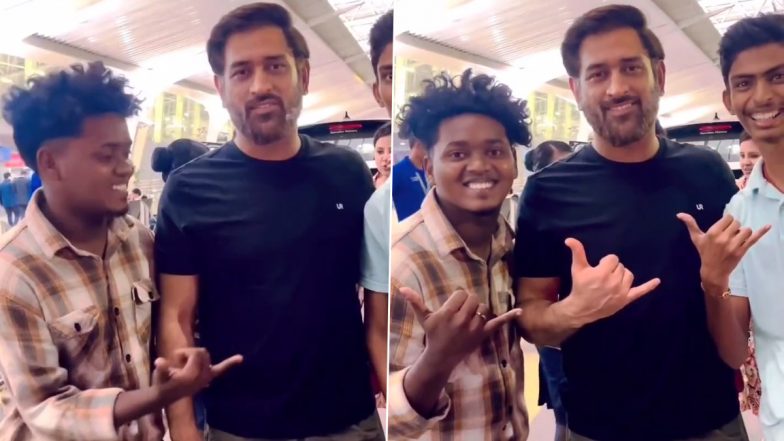 MS Dhoni Makes Young Fan’s Day! CSK Captain Follows His Gesture While Posing for a Pic (Watch Video)