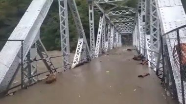Himachal Pradesh Rains Video: Water Flows Over Bridge As Beas River Water Level Increases in Mandi Due to Incessant Rainfall