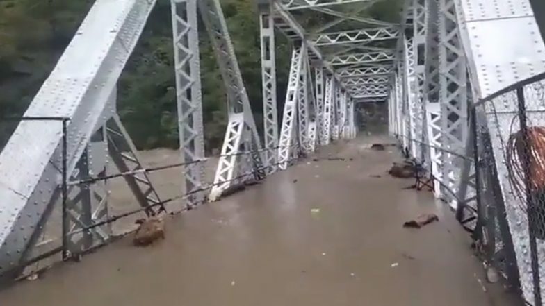 Himachal Pradesh Rains Video: Water Flows Over Bridge As Beas River Water Level Increases in Mandi Due to Incessant Rainfall