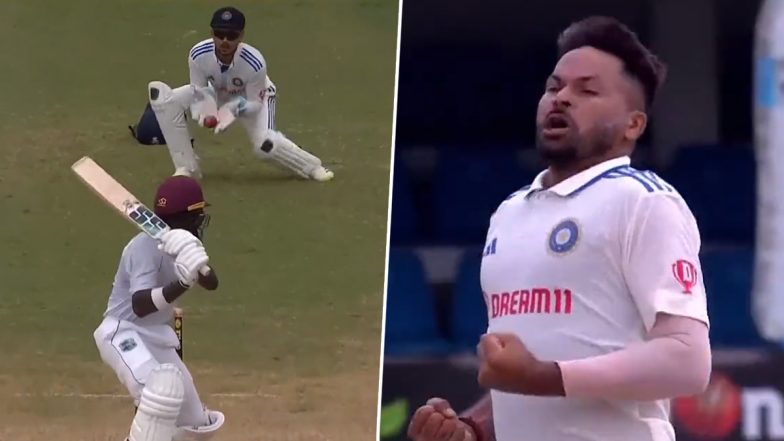 Mukesh Kumar Maiden Test Wicket Video: Watch the Debutant Dismiss Kirk McKenzie During Day 3 of IND vs WI 2nd Test 2023