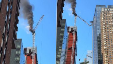 New York Crane Crash Video: Construction Crane Catches Fire and Its Arm Hits Building As It Crashes On Street in Manhattan, No Reports of Injuries