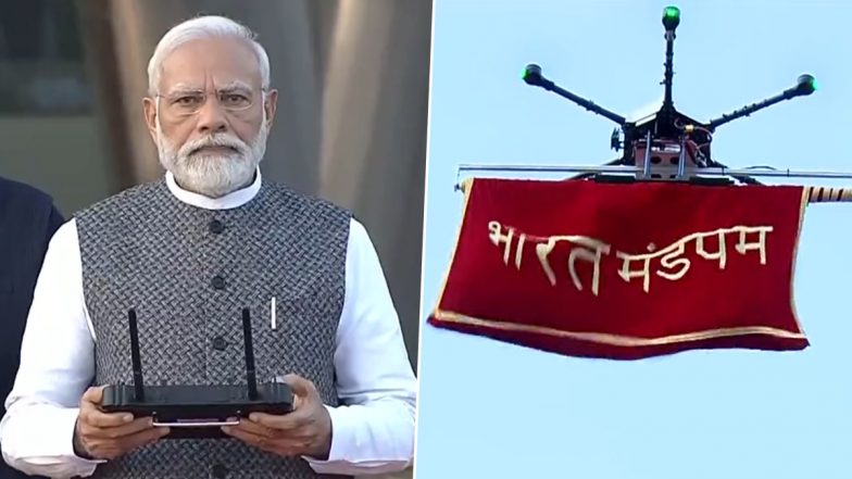 PM Modi Flying Drone Video: Prime Minister Narendra Modi Flies Drone to Inaugurate New ITPO Complex 'Bharat Mandapam' in Delhi