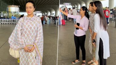 Stree 2: Shraddha Kapoor Jets Off to Chanderi for Upcoming Film’s Shoot, Actress Poses With Fans for Selfies at Mumbai Airport (Watch Video)