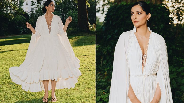 Sonam Kapoor Oozes Elegance in White Long Sleeve Midi Dress With Ruffles and Tied Collar (View Pics)