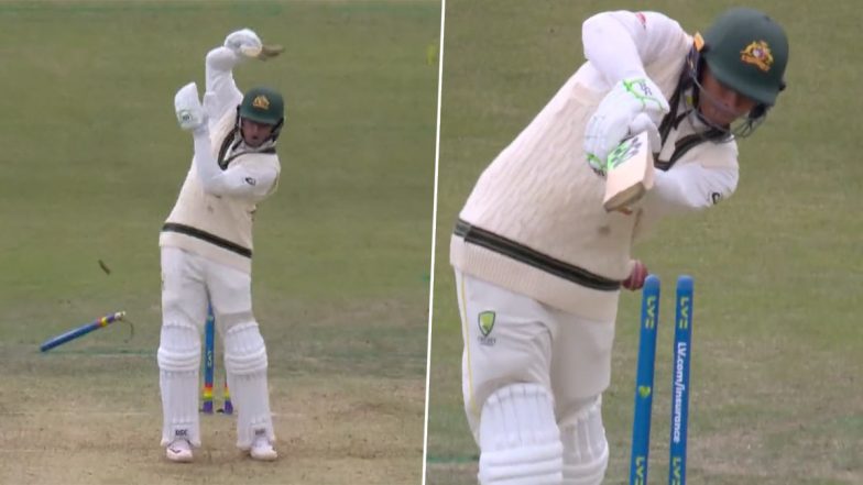 Castled! Mark Wood's Fiery Delivery Sends Usman Khawaja’s Stumps Rattling on Day 1 of Ashes 2023 3rd Test (Watch Video)