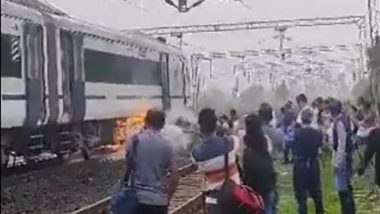 Vande Bharat Express Catches Fire in Madhya Pradesh Video: Blaze Erupts in Battery Box of Bhopal-Delhi Train at Kurwai Kethora Station, All Passengers Safe