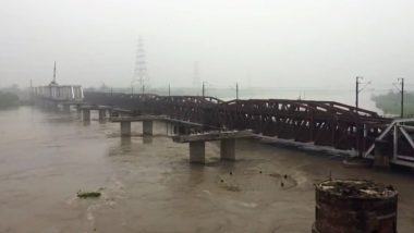 Yamuna River Water Level Flows Above Danger Level in Delhi, Old Railway Bridge Shut for Train Movement; Watch Video of Latest Visuals