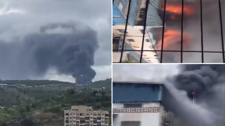 Pune Fire Video: Massive Blaze Erupts at a Godown in Yewalewadi Area, Fire Tenders Present at Spot