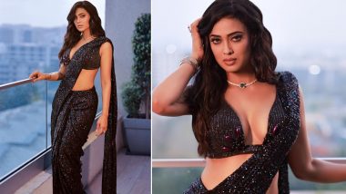 Shweta Tiwari Flaunts Sexy Curves in Glamorous Sequined Black Saree Paired with Stylish Plunging Neckline Bralette (View Pics)