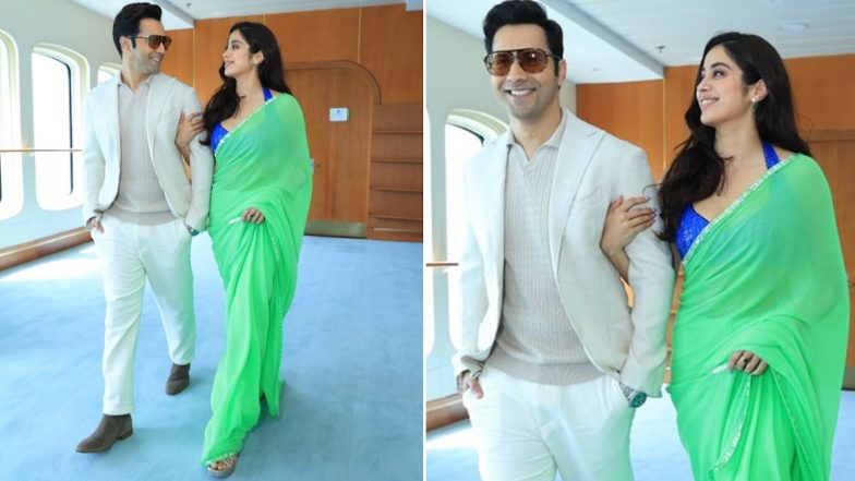 Bawaal: Janhvi Kapoor Dazzles in Neon Green Saree, Varun Dhawan Radiates Sophistication in All-White Suit (View Pics)