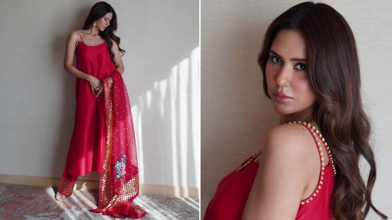 Sonam Bajwa Looks Ethereal in Red Strappy Salwar Suit, Carry On Jatta 3 Actress Is a Pure Treat to Eyes (View Pics)