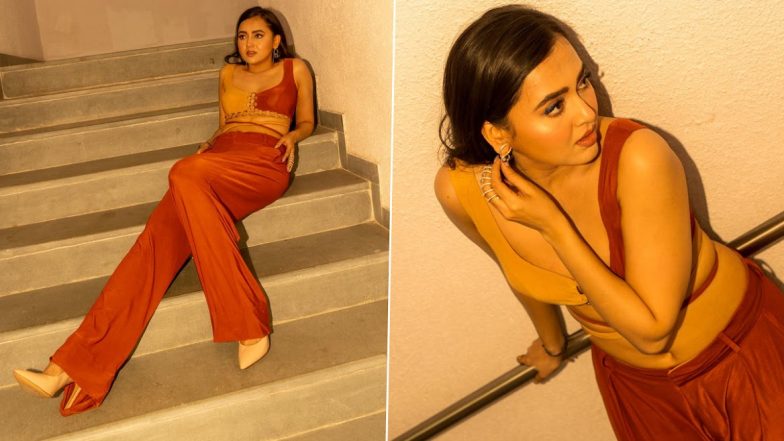 Tejasswi Prakash Is Setting Fashion Goals in Exquisite Nude and Maroon Bralette Paired With Flare Pants (View Pics)