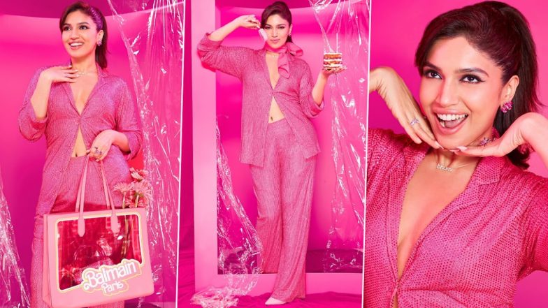 Bhumi Pednekar Sets the Trend with Barbie Core Fashion in Shiny Pink Shirt and Trousers (View Pics)