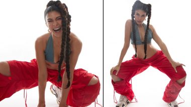 Jacqueliene Fernandez Raises the Fashion Quotient in Sexy Blue Denim Bralette and Trendy Knee Cut Joggers! (View Pics)