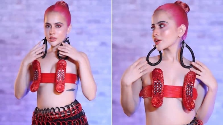 Uorfi Javed's Latest Fashion Inspo Turns Heads As She Wears Landline Phone as Dress (Watch Video)