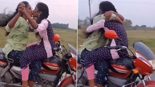 Girls Kissing on Bike Video: Two Girls Hug and Kiss Each Other While Performing Dangerous Stunt on Moving Motorcycle; Old Clip Goes Viral Again