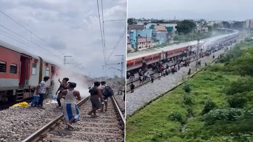 Smoke Detected in Train in Odisha Video: Smoke Seen in Coach of Dibrugarh-Kanyakumari Vivek Express Near Brahmapur Station After Sack Gets Stuck in Wheel, Passengers Jump to Safety