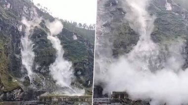 Hill Collapse Caught on Camera: Huge Portion of Hill Collapses in Uttarakhand’s Chamoli District Due to Torrential Rain (Watch Video)